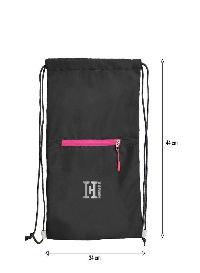 H-HEMES Drawstring Backpack Small Bag Gym Bag for Women & Men With Front Zipper Pocket 12L Dori Bag (Black & Pink) - Image 4